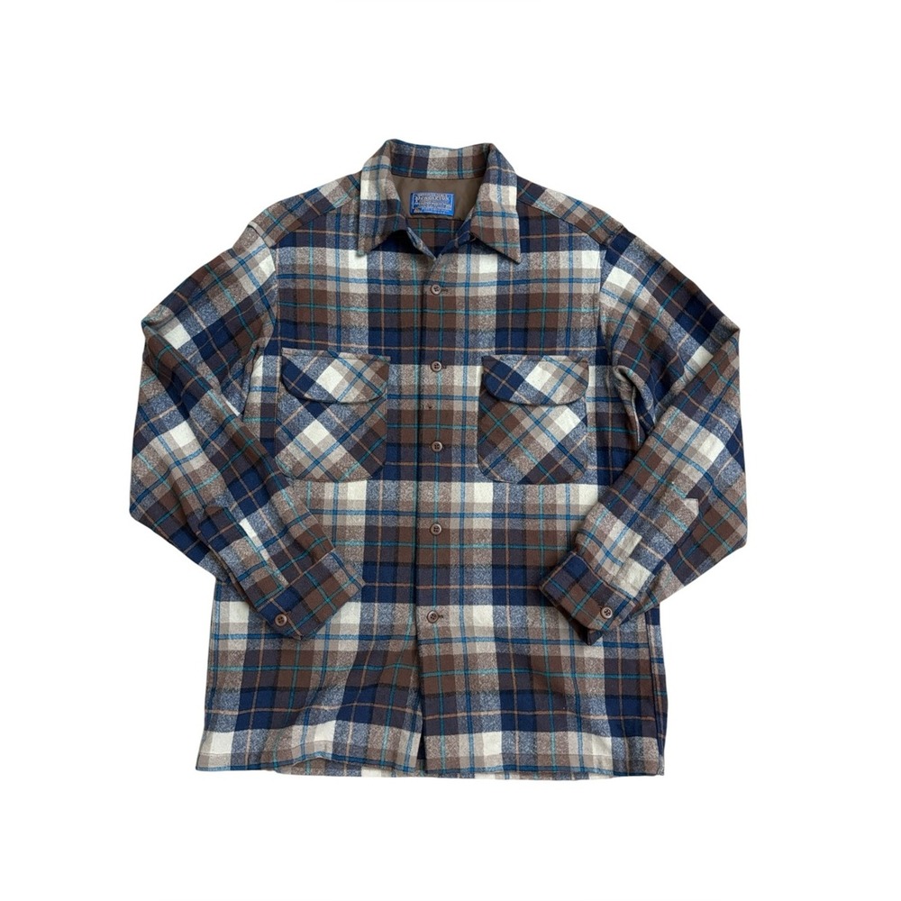 Pendleton Vintage Wool Board Shirt Plaid Flannel Blue Brown Size M